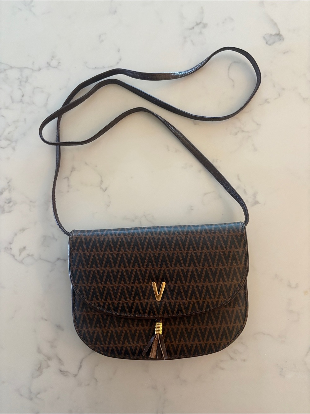 Vintage Valentino Brown Monogram Crossbody with Gold V Tassel